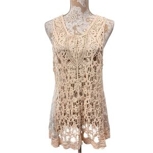 Floral Crochet & Mesh Open Knit Tank Cover Up Top Boho Festival Ivory One Size